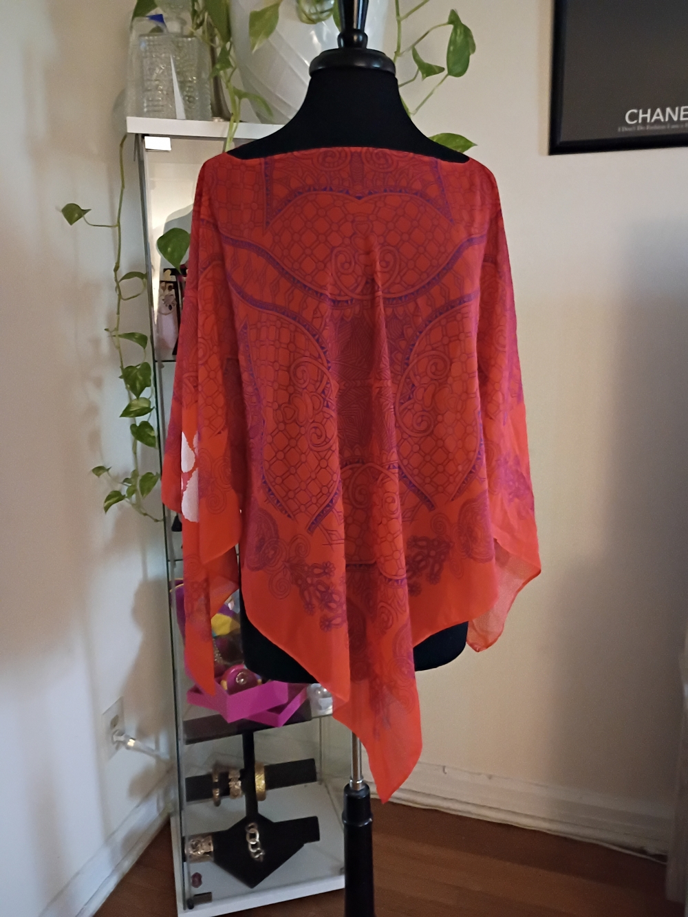 Lightweight Orange & Pink Floral Sheer Scarf Poncho